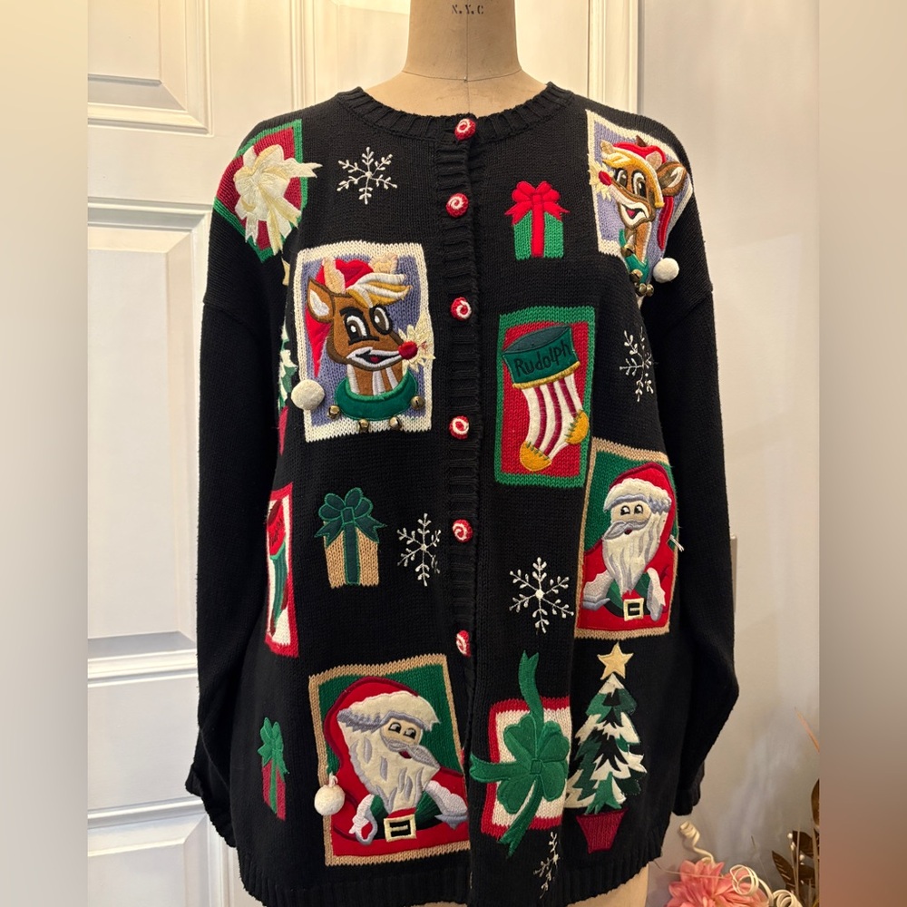 Yarn Works Women’s Holiday-Themed Black‎ Cardigan Sweater XL Festive Colorful
